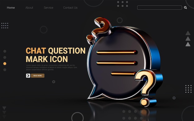 PSD 3d render gold metallic message question mark icon on dark background concept for confutation chat