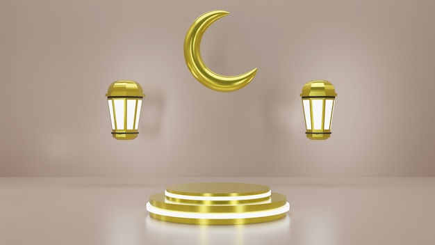 3D render gold podium with gold ramadan lantern