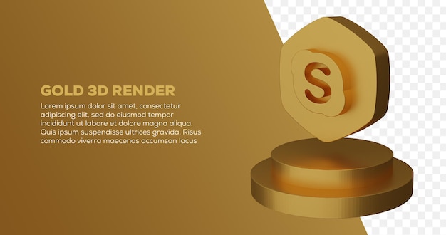 PSD 3d render of gold skype logo and podium