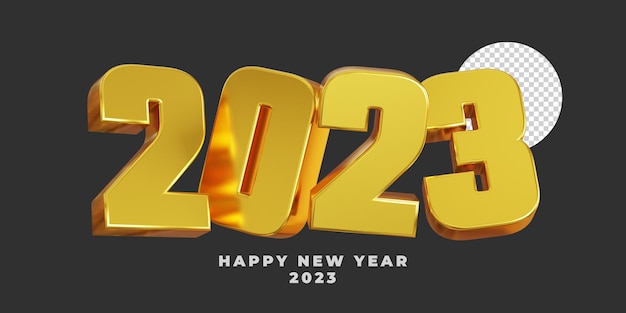 3d render golden 2023 happy new year celebration with isolated transparent background