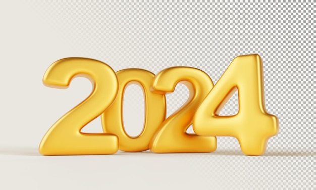 3d render golden 2024 numbers New year mockup banner Luxury gold chrome font on white studio background with shadow Typography text design yellow glossy metal typeface icon 3D illustration