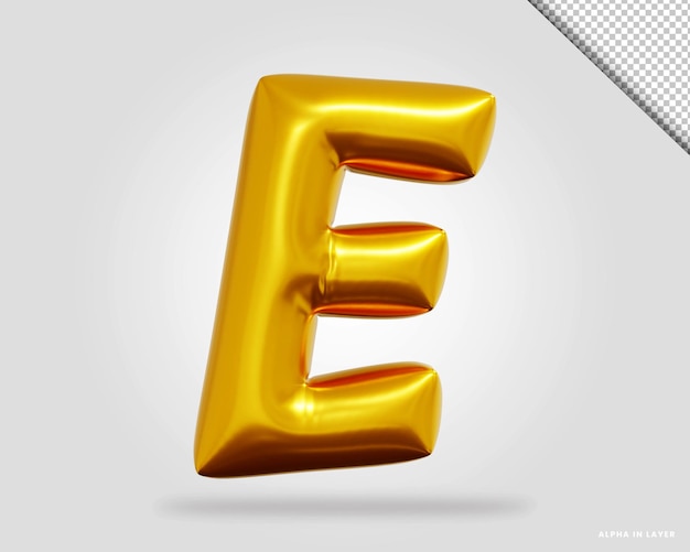 PSD 3d render of golden alphabet letter e balloon style