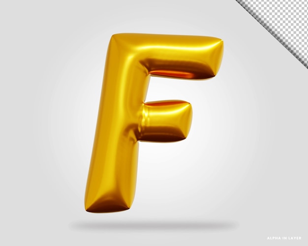 3d render of golden alphabet letter F balloon style