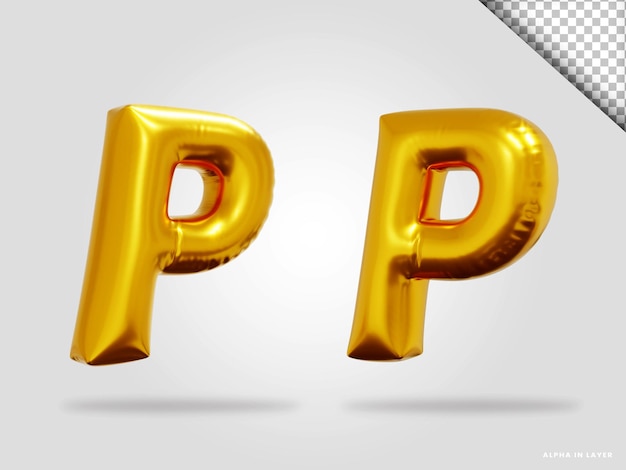 3d render of golden alphabet letter P balloon style