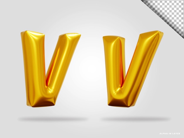 3d render of golden alphabet letter V balloon style