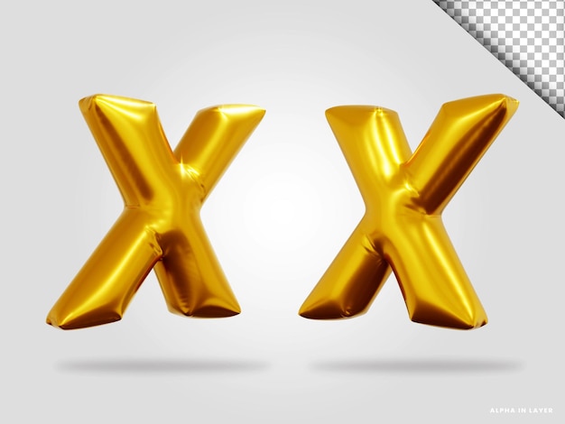황금 알파벳 문자 X 풍선 스타일의 3d 렌더링