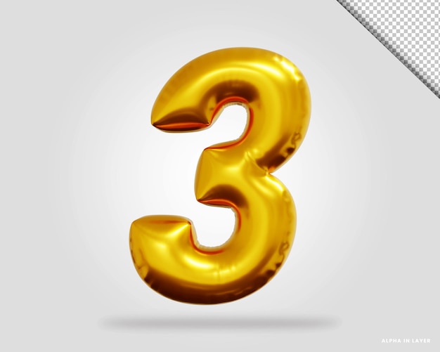 3d render of golden alphabet number 3 balloon style