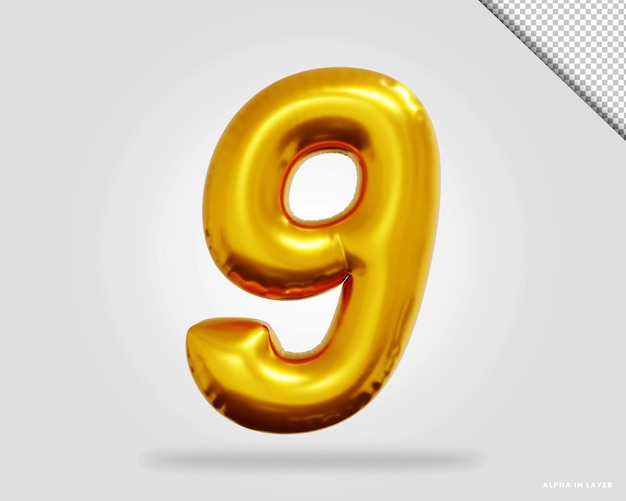 3d render of golden alphabet number 9 balloon style