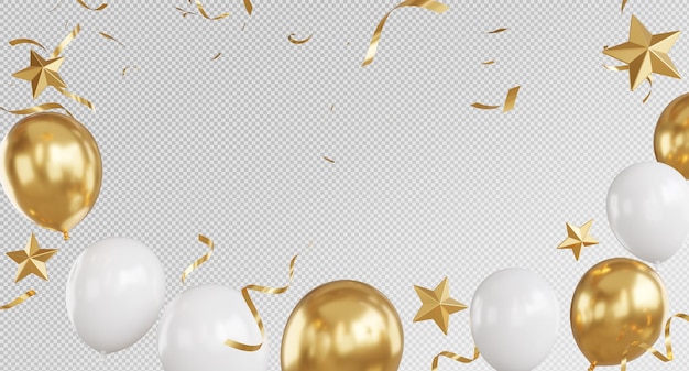 3D render of Golden Balloons and Confetti with Celebration banner