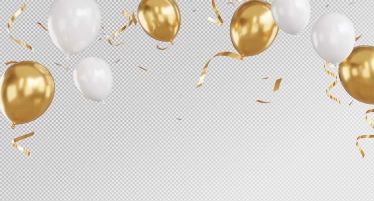 3D render of Golden Balloons and Confetti with Celebration banner