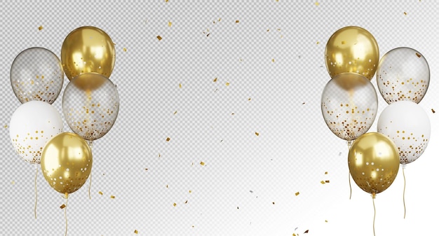 3d render of golden balloons flying with confetti