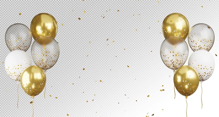 3d render of golden balloons flying with confetti