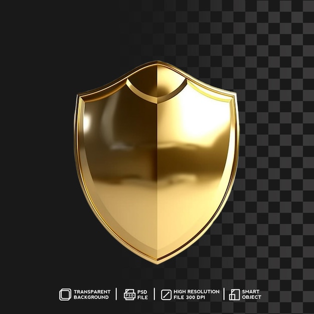 PSD 3d render golden metallic shiny shield with transparency and reflection effects