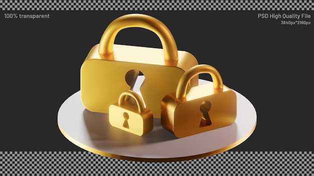 PSD 3d render of golden padlock