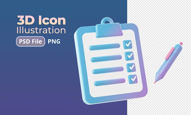 3d render of gradient checklist form with pen illustration icons for web social media ads designs