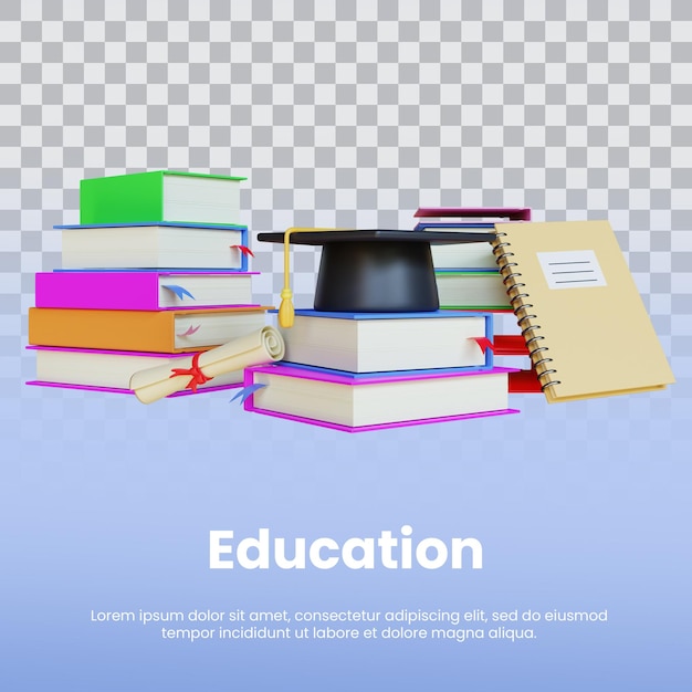 3d render graduate education with book and hat