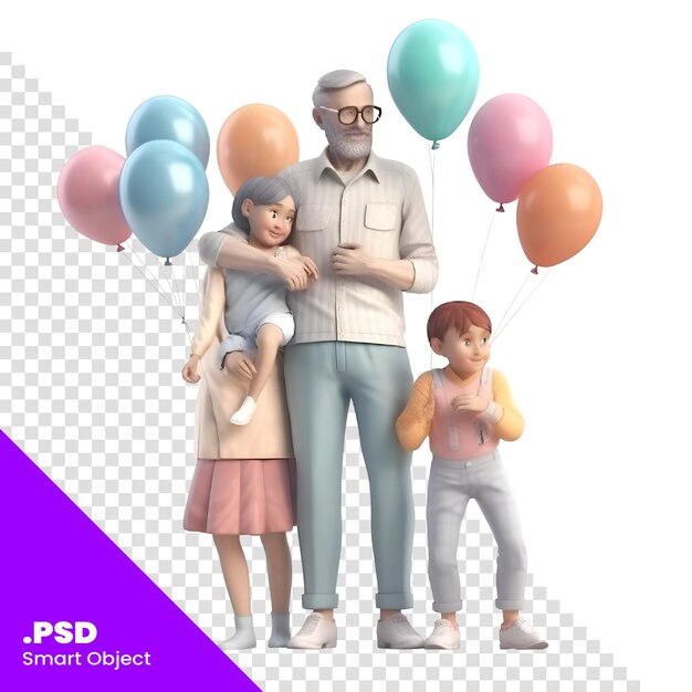 PSD 3d render of a grandfather with his family and balloons psd template