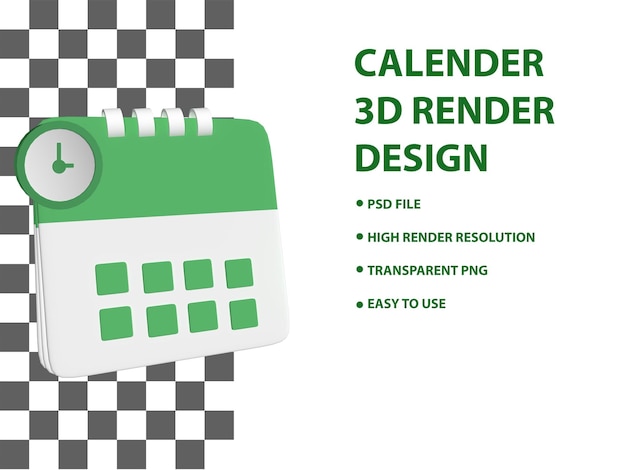 3d render green calender illustration notes icon psd format