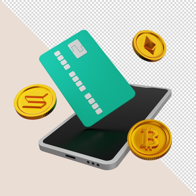 3D рендеринг зеленой кредитной карты со смартфоном и криптовалютными монетами биткойн эфириум