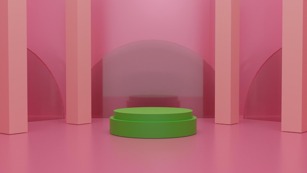 ピンクの背景に緑の表彰台を3Dレンダリング