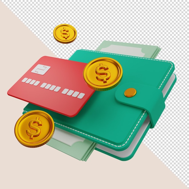 Rendering 3d portafoglio verde con carta di credito denaro e monete
