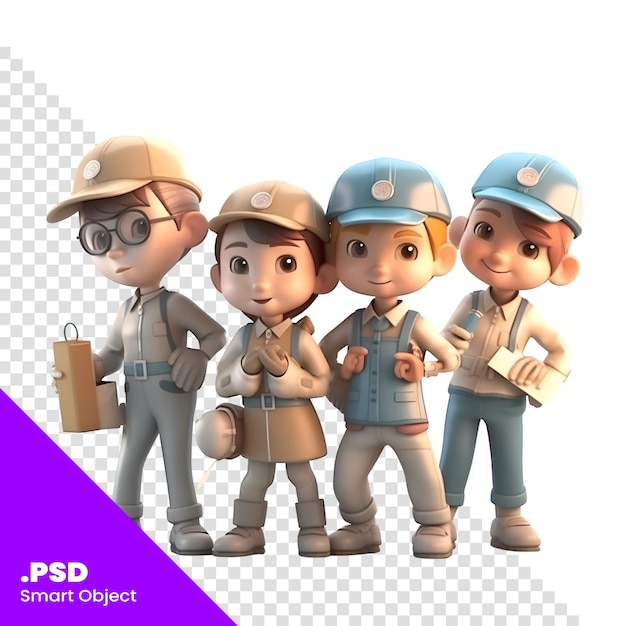 3d render of a group of construction workers with uniforms and helmets psd template