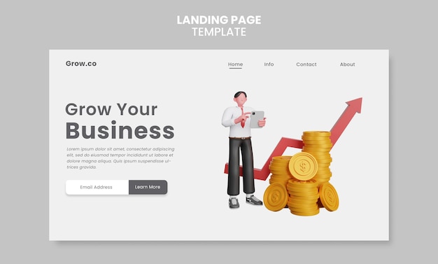 PSD 3d render of grow business landing page psd template