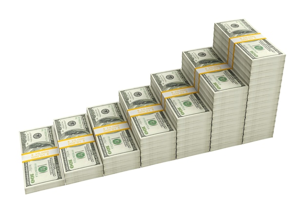 3d render of growing stack of dollar bills isolated on transparent background