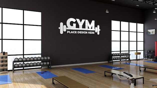 PSD 3d render gym room with realistic wall logo mockup