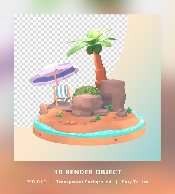 3D render hallo zomer illustratie sjabloon met kokospalm en parasol strand