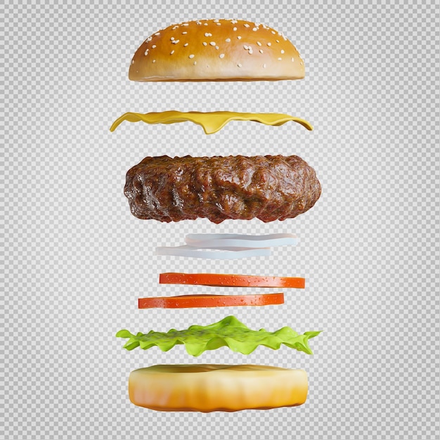 PSD 3d render of hamburger disassemble on transparent background