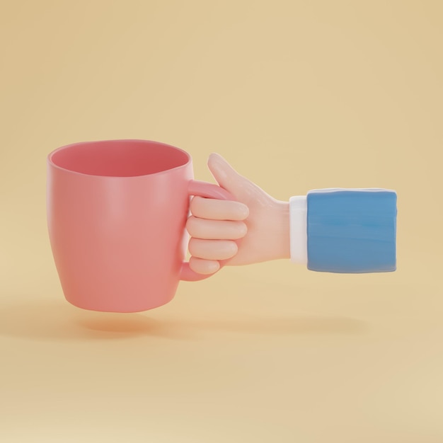 3D render of Hand holding a cup of tea or coffee on yellow background