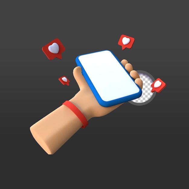 3d render hand holding a smartphone with love chat illustration