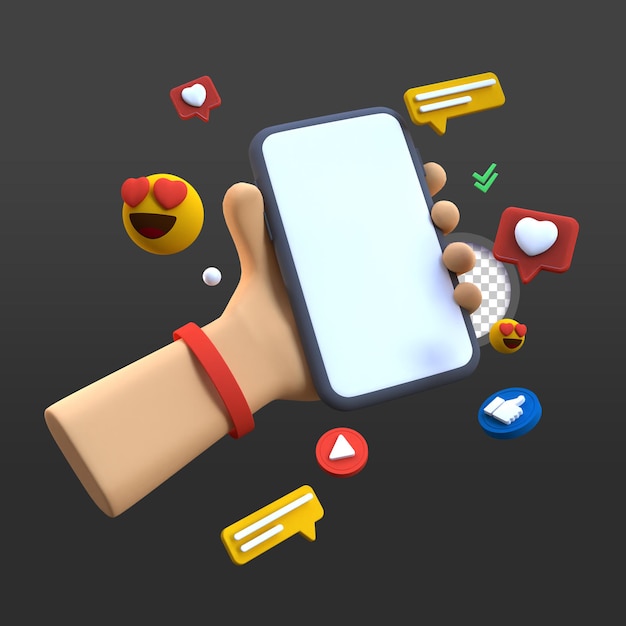 PSD 3d render hand holding a smartphone with social media illustration