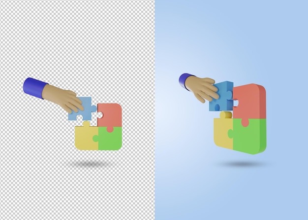 PSD 3d render of hand and jigsaw icon concept for problem solving teamwork puzzle sign