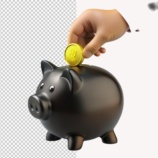 3d render hand put golden coin into piggy bank