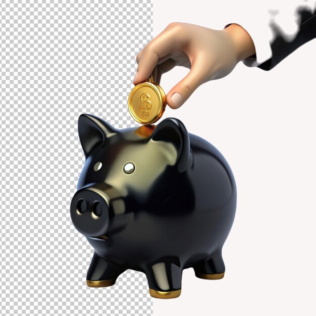 PSD 3d render hand put golden coin into piggy bank