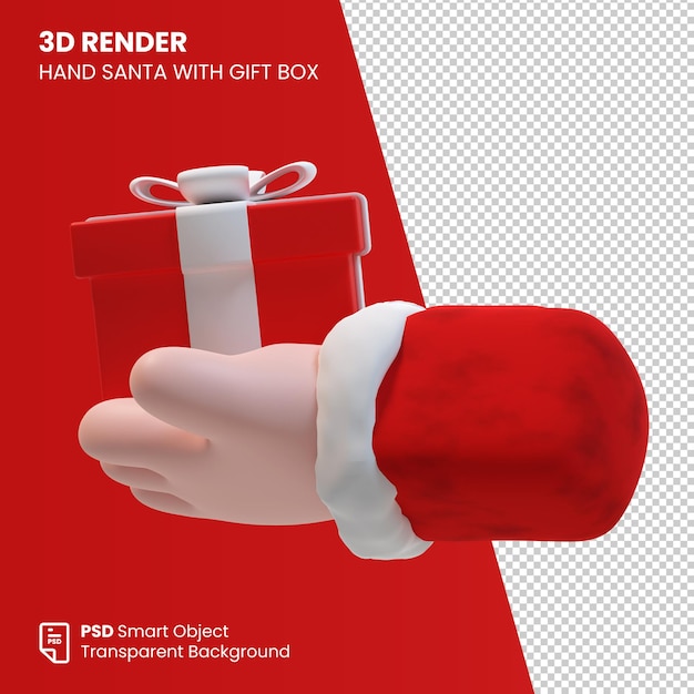 Rendering 3d di babbo natale a mano con scatola regalo vista laterale