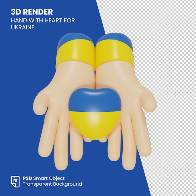 PSD 3d rendering mano con cuore per l'ucraina