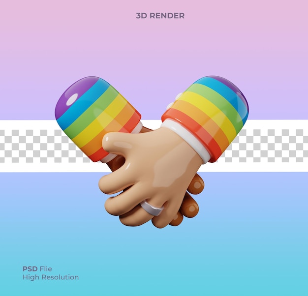 3d render of hands with different skin color holding each other isolated lgbt pride month icon