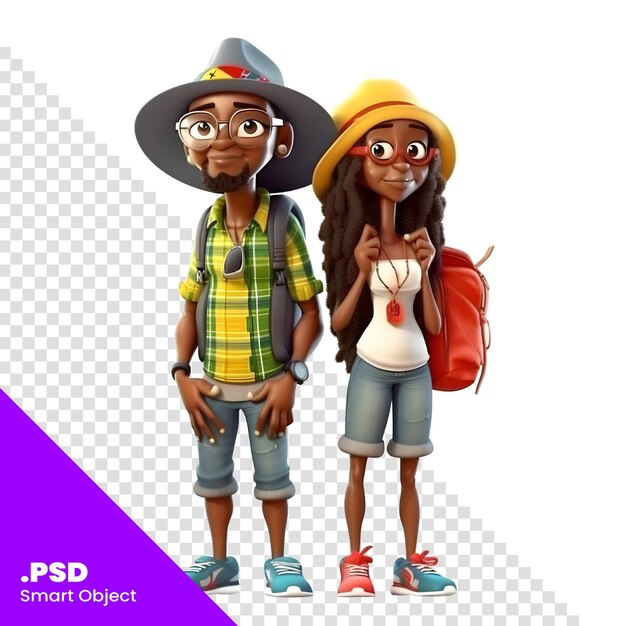 PSD 3d render of a happy africanamerican tourist couple psd template