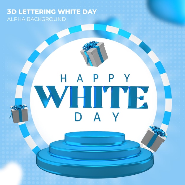 3d render happy day white in letters with blue gifts