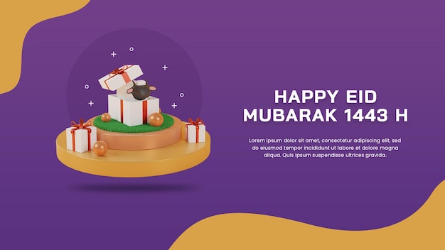 3d rendono felice eid mubarak 1443 h con pecora all'interno di una confezione regalo sul modello di banner del podio