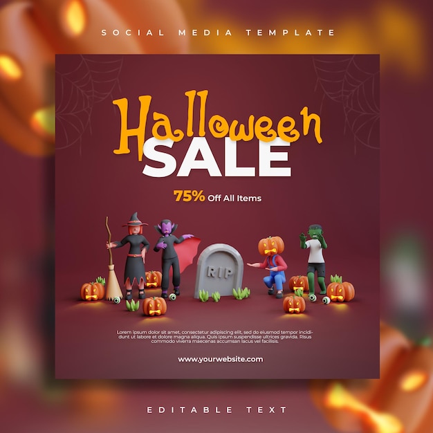PSD 3d rendono i social media di vendita della festa di halloween felice con il modello dell'aletta di filatoio dell'illustrazione del personaggio spaventoso