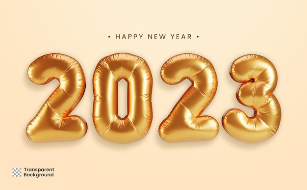 PSD 3d render of happy new year 2023 with golden balloons