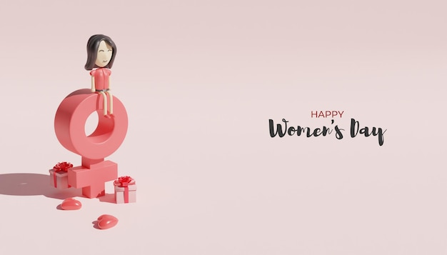 3d render happy women's day design with women caracter and female symbol