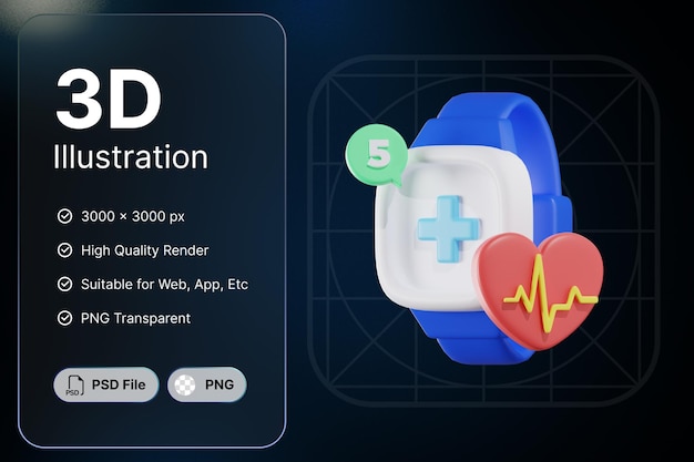 3D Render Health Smartwatch Medical Concept Modern Icon Illustrations Design