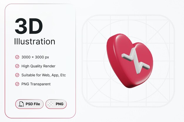PSD 3d 렌더링 심장 왼쪽 각도 의료 개념 현대 아이콘 그림 디자인