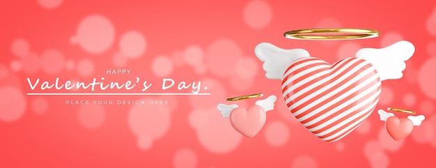 PSD 3d render of heart with wings and halo for valentine's day background.