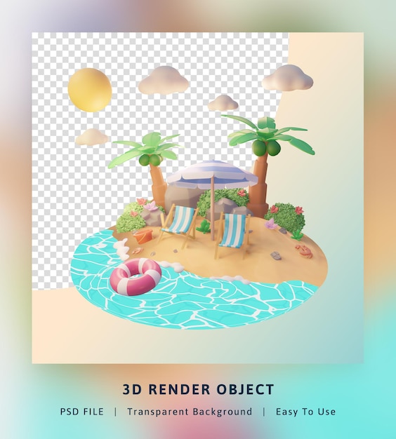 3d визуализация привет летний шаблон иллюстрации с кокосовой пальмой и пляжем с зонтиком